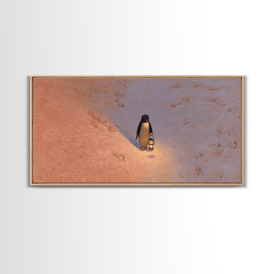 Penguin Holding a Lantern Framed Canvas Print, Whimsical Art, Digital Art, Living Room Decor, Fine Art, Wonder, Nursery, WHI-2x1-13