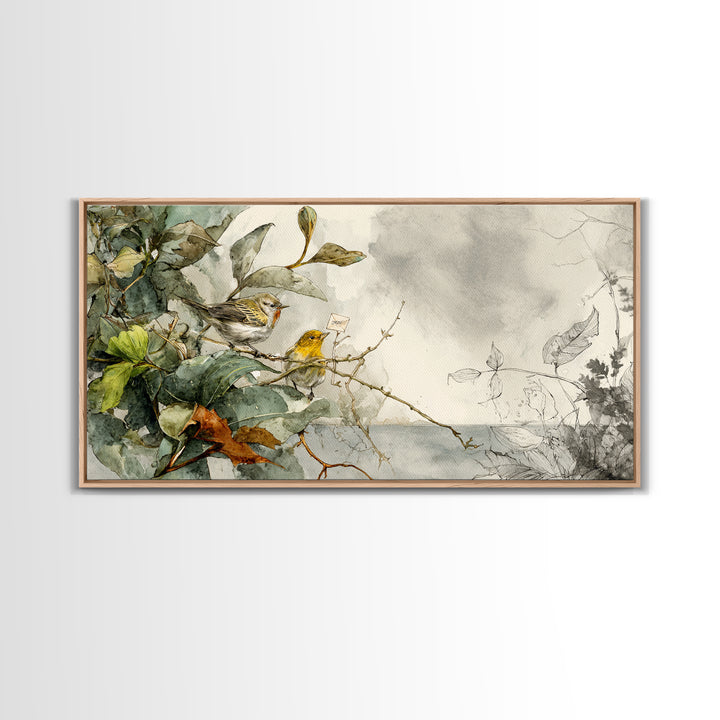Bird Delivering a Tiny Love Letter Framed Canvas Print, Whimsical Art, Cat Art, Living Room Decor, Fine Art, Wonder, WHI-2x1-19