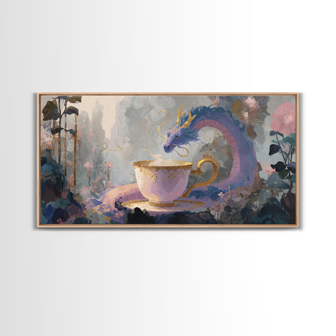 Dragon Curled Around a Teacup Framed Canvas Print, Whimsical Art, Statement Artwork, Living Room Decor, Fine Art, Wonder, WHI-2x1-20