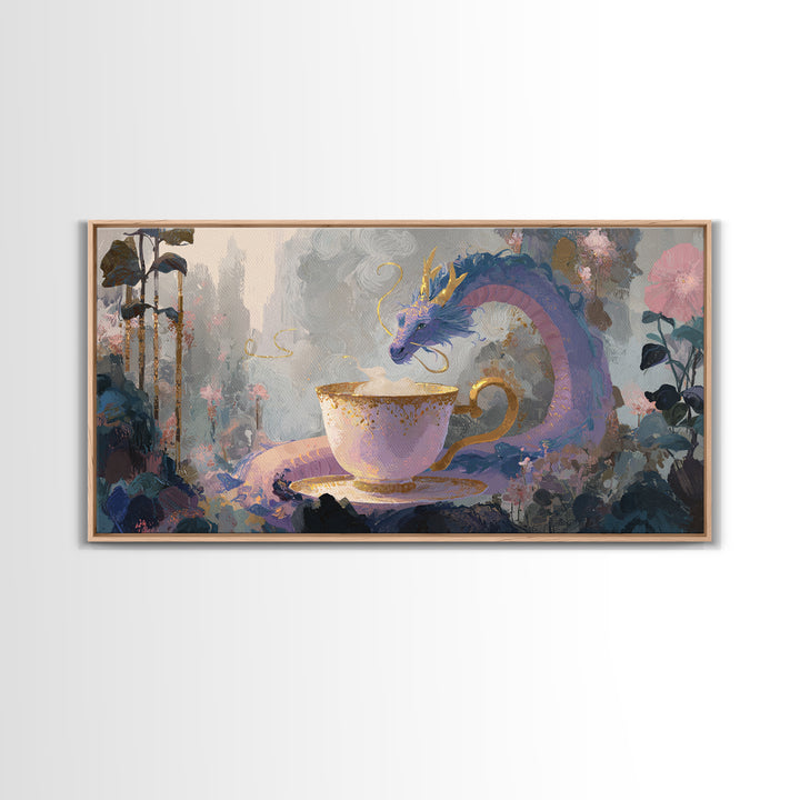 Dragon Curled Around a Teacup Framed Canvas Print, Whimsical Art, Statement Artwork, Living Room Decor, Fine Art, Wonder, WHI-2x1-20