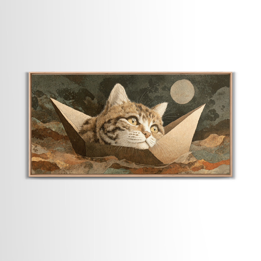 Cat Sailing a Paper Boat Canvas Print, Whimsical Art, Textured Painting, Living Room Decor, Fine Art, Wonder, Nursery Decor, WHI-2x1-22