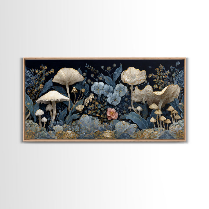 Teacup Garden with Tiny Mushrooms Framed Canvas Print, Whimsical Art, Minimalist Decor, Living Room Decor, Oil Painting, Wonder, WHI-2x1-24