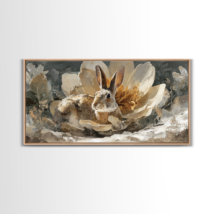 Rabbit Reading Beneath a Giant Flower Framed Canvas Print, Whimsical Art, Oil Painting, Living Room Decor, Wonder, WHI-2x1-25