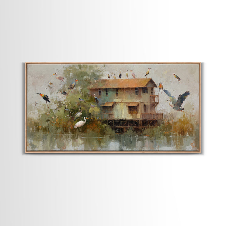 Floating House Carried by Colorful Birds Framed Canvas Print, Whimsical Art, Framed Wall Art, Living Room Decor, Wonder, WHI-2x1-3