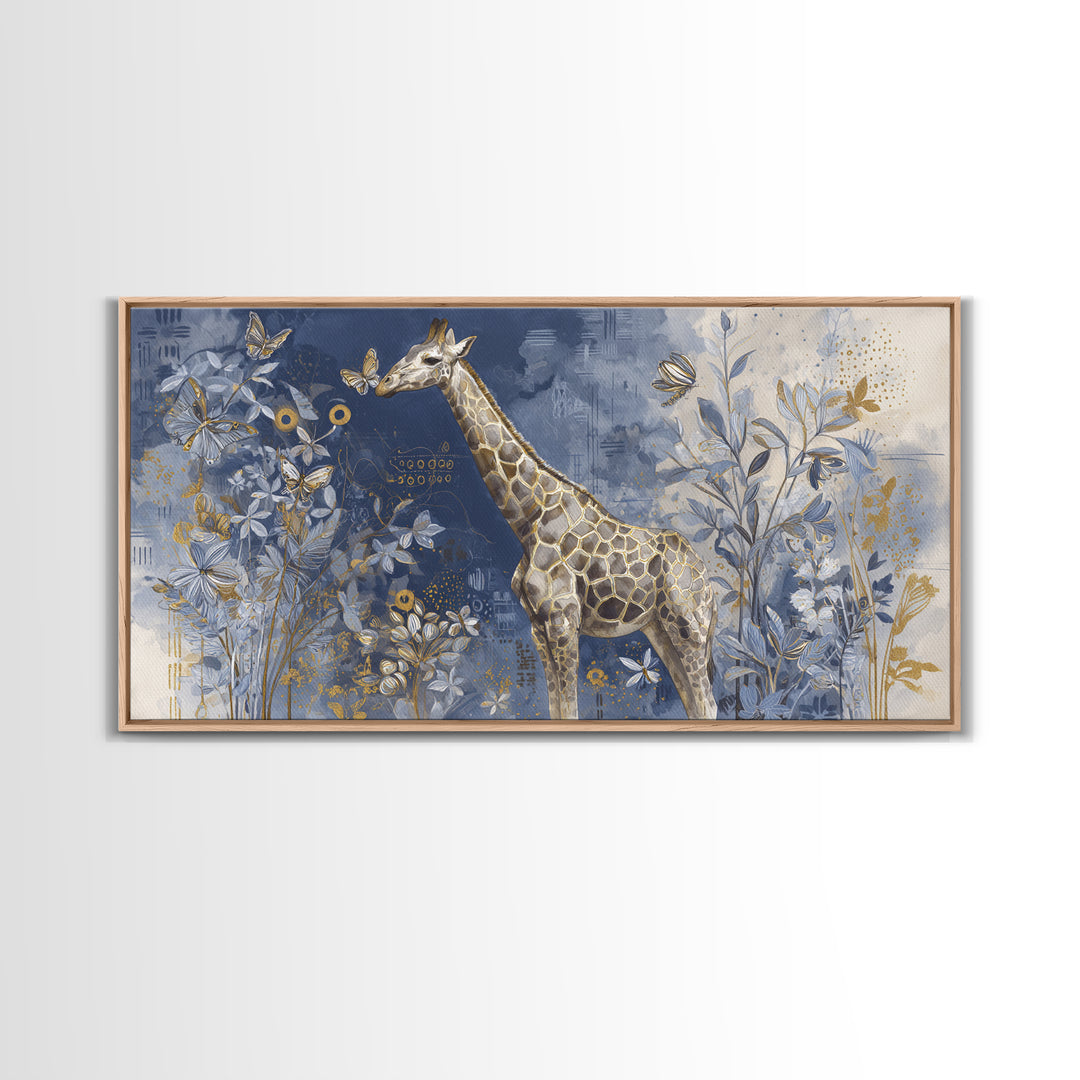 Giraffe with Scarf and Butterflies Framed Canvas Print, Whimsical Art, Minimalist Decor, Living Room Decor, Fine Art, Wonder, WHI-2x1-30