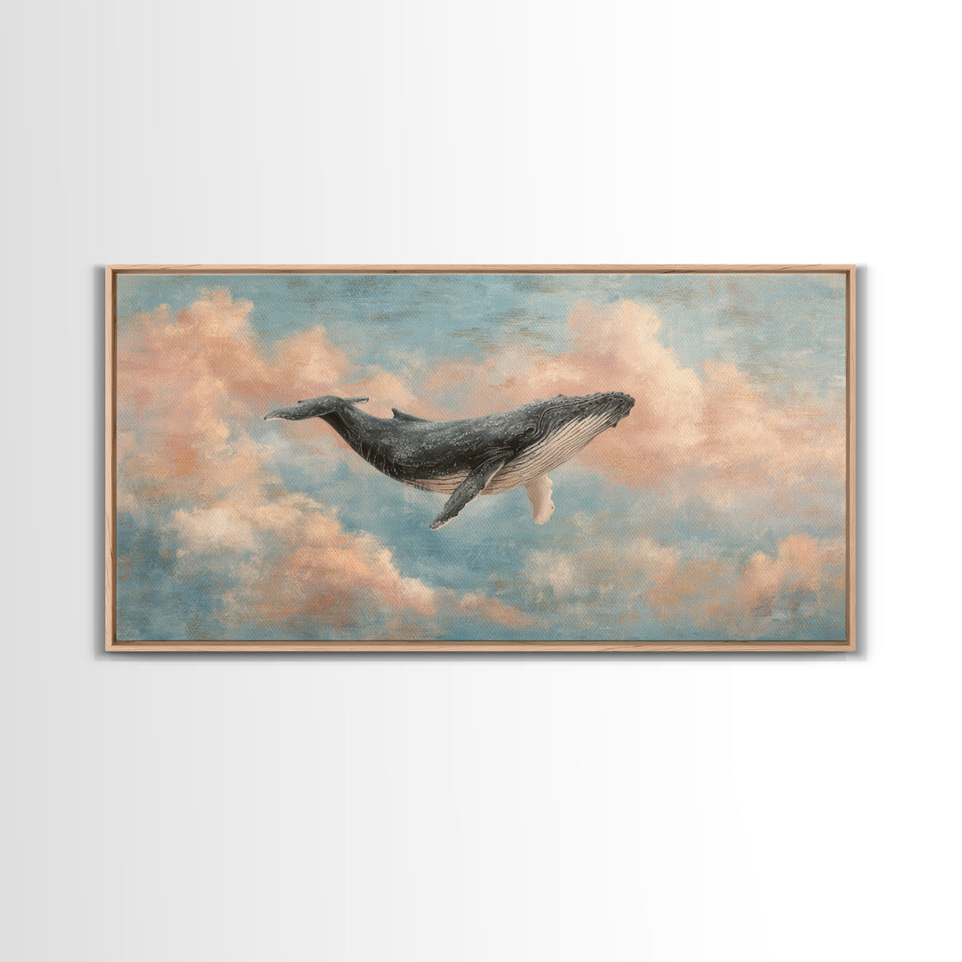 Whale Flying Through Clouds Like Ocean Framed Canvas Print, Whimsical Art, Art Print, Living Room Decor, Fine Art, Wonder, WHI-2x1-33