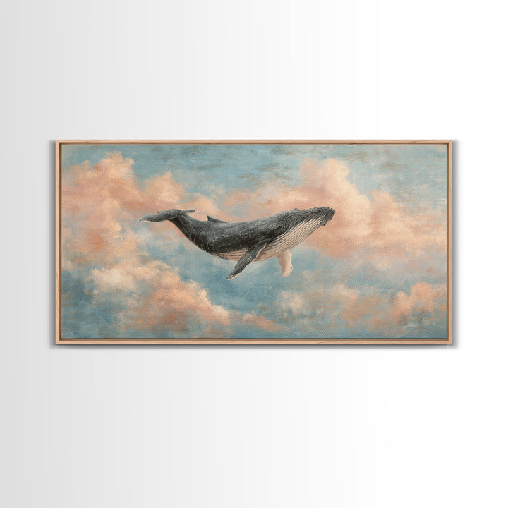 Whale Flying Through Clouds Like Ocean Framed Canvas Print, Whimsical Art, Art Print, Living Room Decor, Fine Art, Wonder, WHI-2x1-33