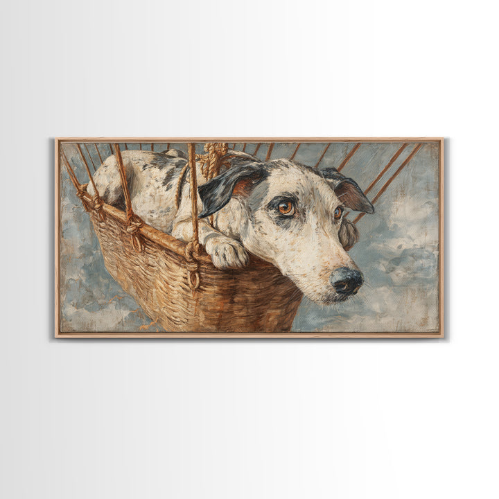 Dog in a Hot Air Balloon Framed Canvas Print, Whimsical Art, Contemporary Art, Living Room Decor, Fine Art, Wonder, Art Nouveau, WHI-2x1-34