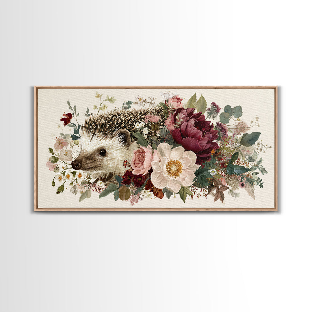 Hedgehog Carrying Wildflowers Framed Canvas Print, Whimsical Art, Wall Art, Living Room Decor, Watercolor Art, Wonder, WHI-2x1-35
