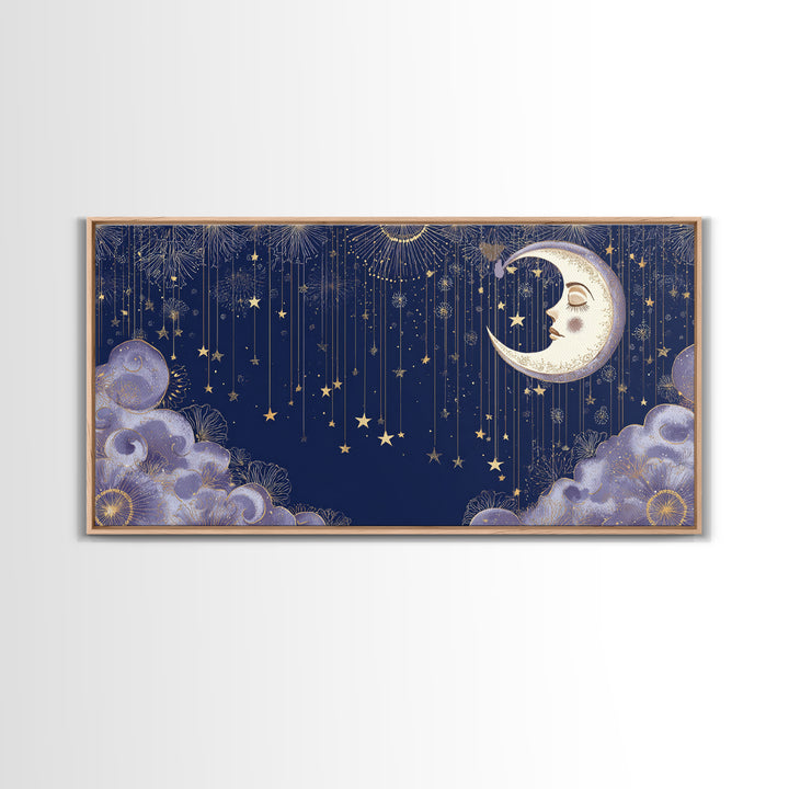 Moon with Sleeping Face and Dangling Stars Canvas Print, Whimsical Art, Home Decor, Living Room Decor, Fine Art, Wonder, WHI-2x1-36