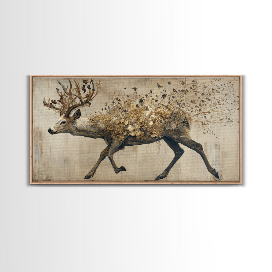 Deer with Antlers Full of Birds Canvas Print, Whimsical Art, Printable Wall Art, Living Room Decor, Oil Painting, Wonder, WHI-2x1-39