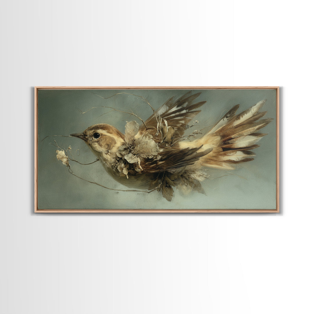 Bird Delivering a Tiny Love Letter Framed Canvas Print, Whimsical Art, Oil Painting, Living Room Decor, Fine Art, Wonder, WHI-2x1-43