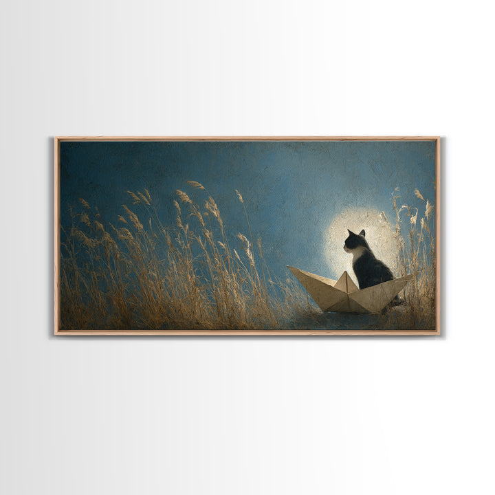 Cat Sailing a Paper Boat Framed Canvas Print, Whimsical Art, Wall Decor, Living Room Decor, Fine Art, Wonder, Printable Art, WHI-2x1-46