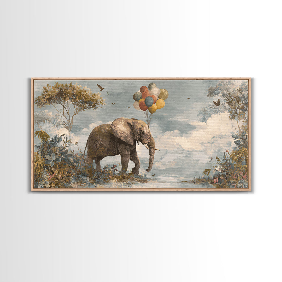 Elephant Holding Balloons Canvas Print, Whimsical Art, Whimsical, Living Room Decor, Oil Painting, Wonder, Nursery Art, WHI-2x1-47