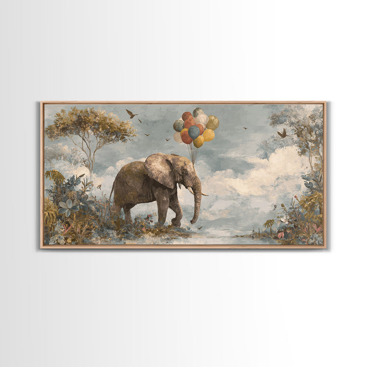 Elephant Holding Balloons Canvas Print, Whimsical Art, Whimsical, Living Room Decor, Oil Painting, Wonder, Nursery Art, WHI-2x1-47