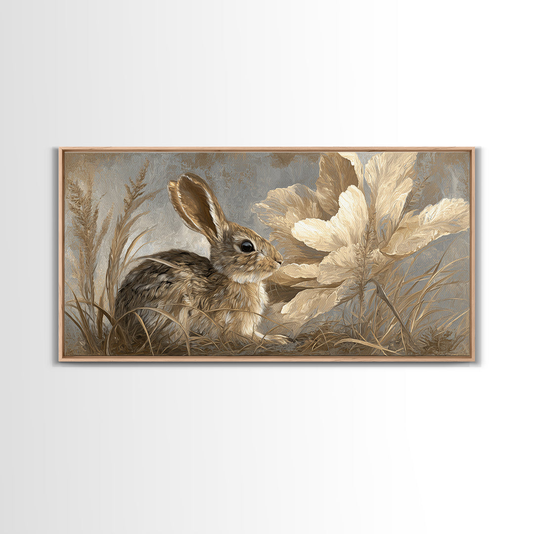 Rabbit Reading Beneath a Giant Flower Canvas Print, Whimsical Art, Digital Print, Living Room Decor, Watercolor Art, Wonder, WHI-2x1-49