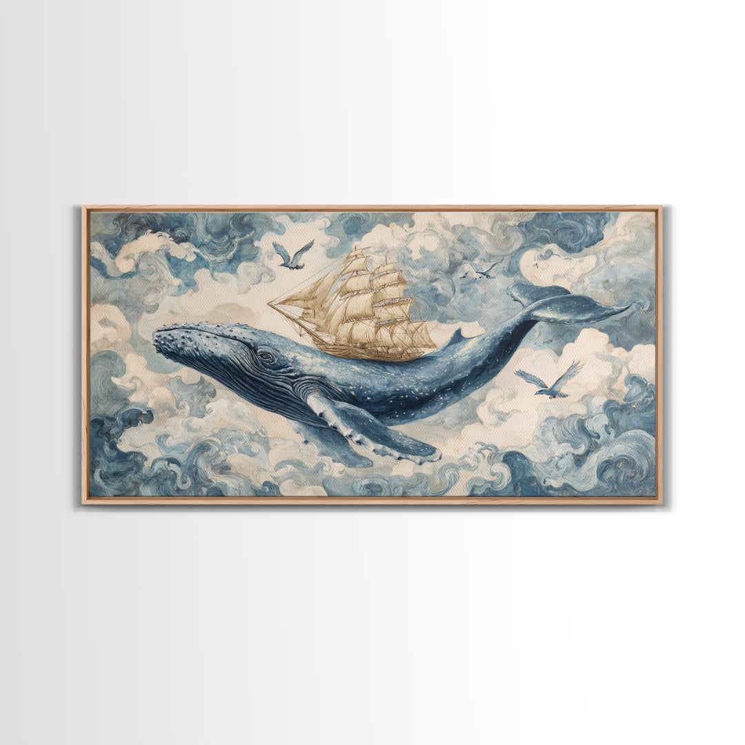 Whale Flying Through Clouds Like Ocean Canvas Print, Whimsical Art, Original Art, Living Room Decor, Fine Art, Wonder, WHI-2x1-57