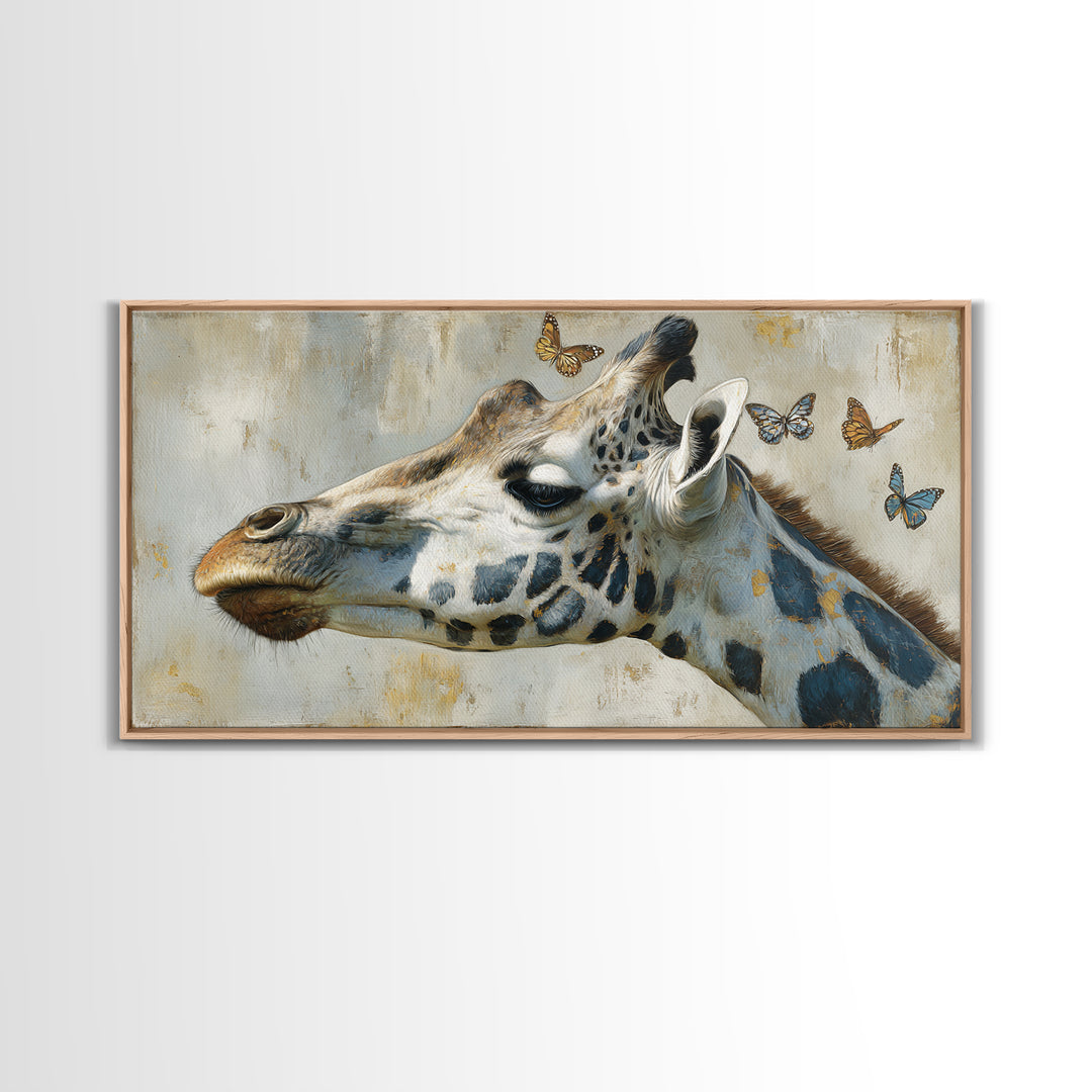Giraffe with Scarf and Butterflies Framed Canvas Print, Whimsical Art, Minimalist Decor, Living Room Decor, Fine Art, Wonder, WHI-2x1-6