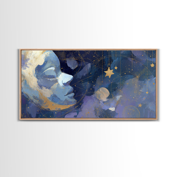 Moon with Sleeping Face and Dangling Stars Framed Canvas Print, Whimsical Art, Printable Wall Art, Living Room Decor, Wonder, WHI-2x1-60