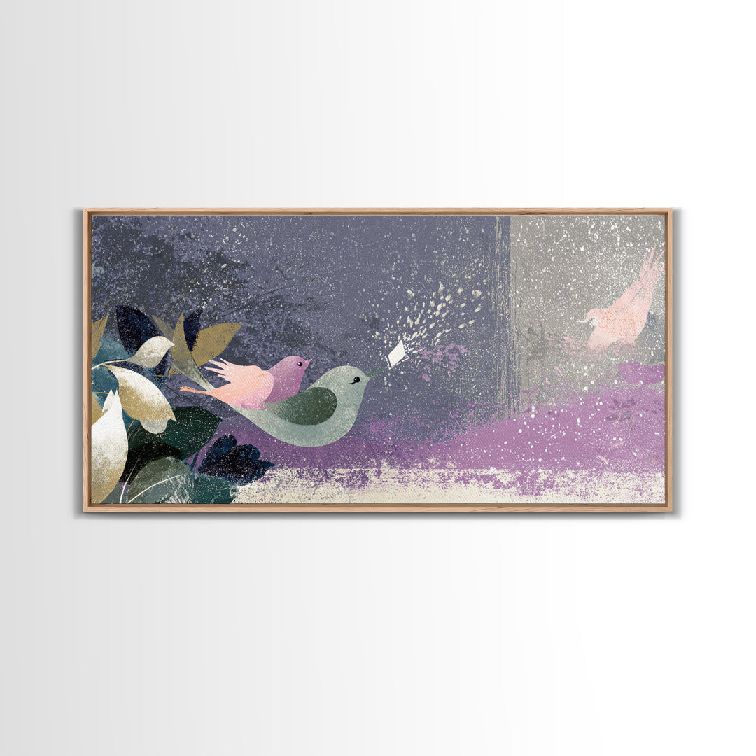 Bird Delivering a Tiny Love Letter Framed Canvas Print, Whimsical Art, Gallery Decor, Living Room Decor, Fine Art, Wonder, WHI-2x1-67