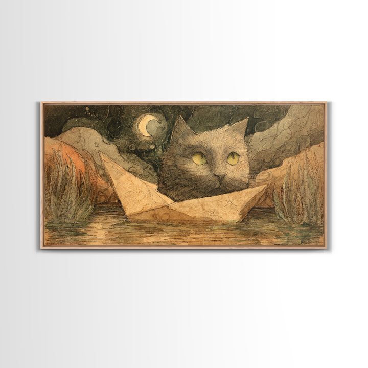 Cat Sailing a Paper Boat Canvas Print, Whimsical Art, Oil Painting, Living Room Decor, Fine Art, Wonder, Dark Academia Decor, WHI-2x1-70