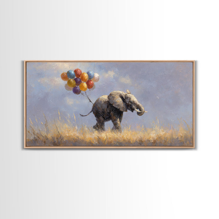 Elephant Holding Balloons Canvas Print, Whimsical Art, Bird Art, Living Room Decor, Abstract Art, Wonder, Textured Painting, WHI-2x1-71
