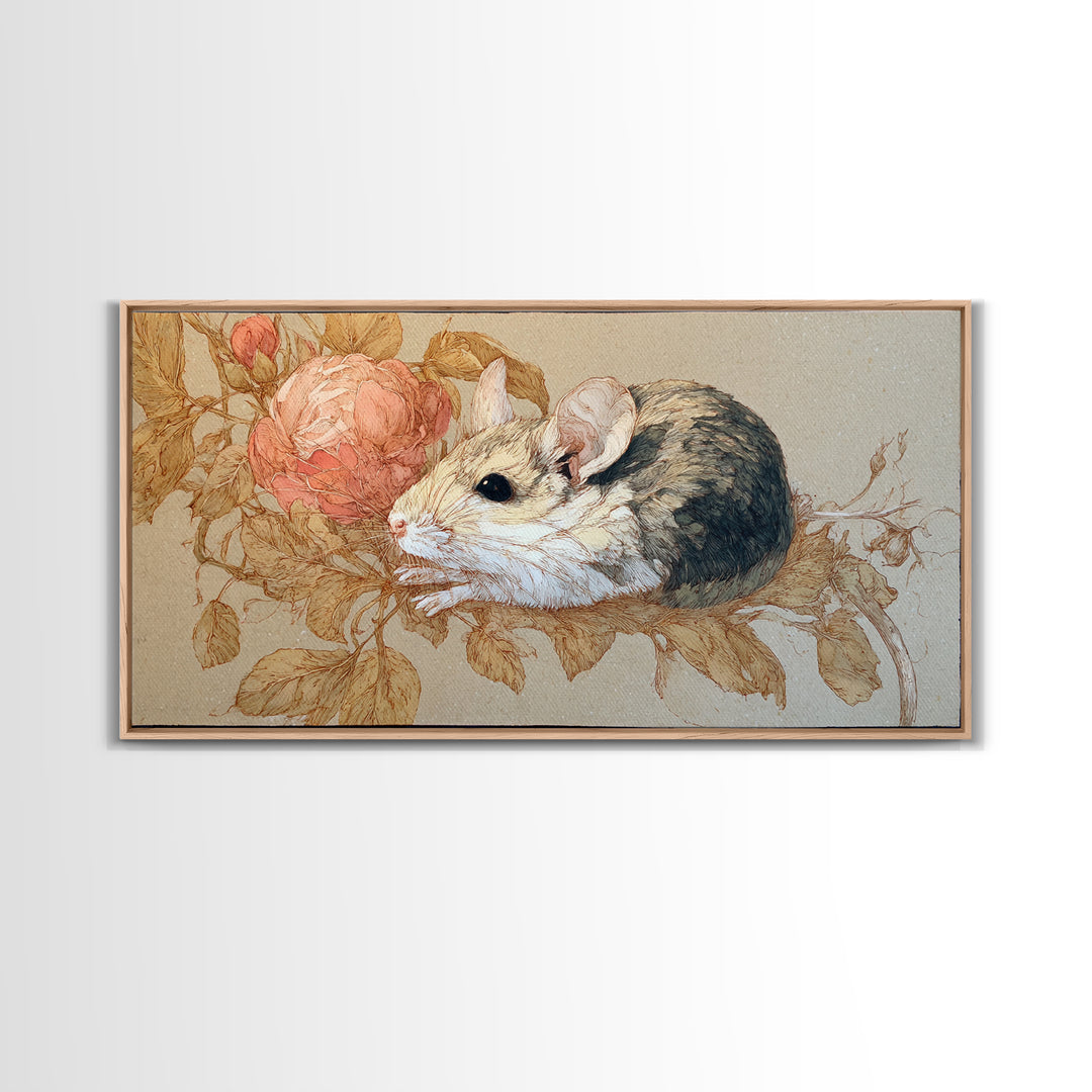 Mouse Ballerina in a Rose Garden Framed Canvas Print, Whimsical Art, Cat Art, Living Room Decor, Watercolor Art, Wonder, WHI-2x1-79