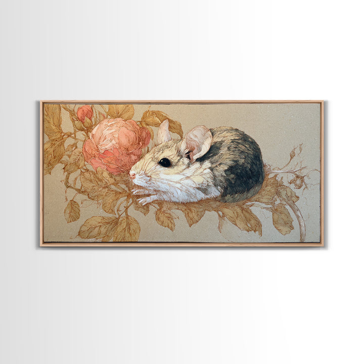 Mouse Ballerina in a Rose Garden Framed Canvas Print, Whimsical Art, Cat Art, Living Room Decor, Watercolor Art, Wonder, WHI-2x1-79