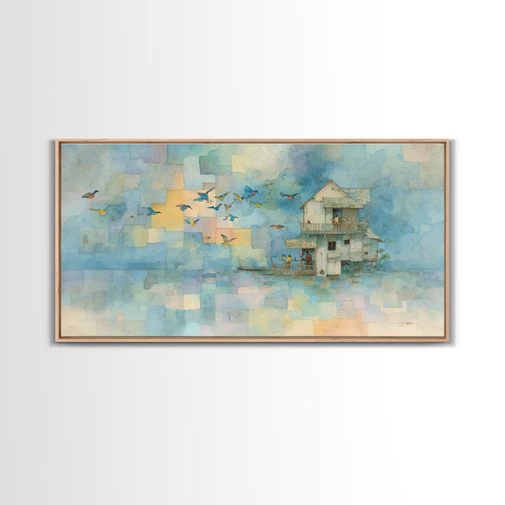 Whale Flying Through Clouds Like Ocean Framed Canvas Print, Whimsical Art, Printable Art, Living Room Decor, Watercolor Art, WHI-2x1-81