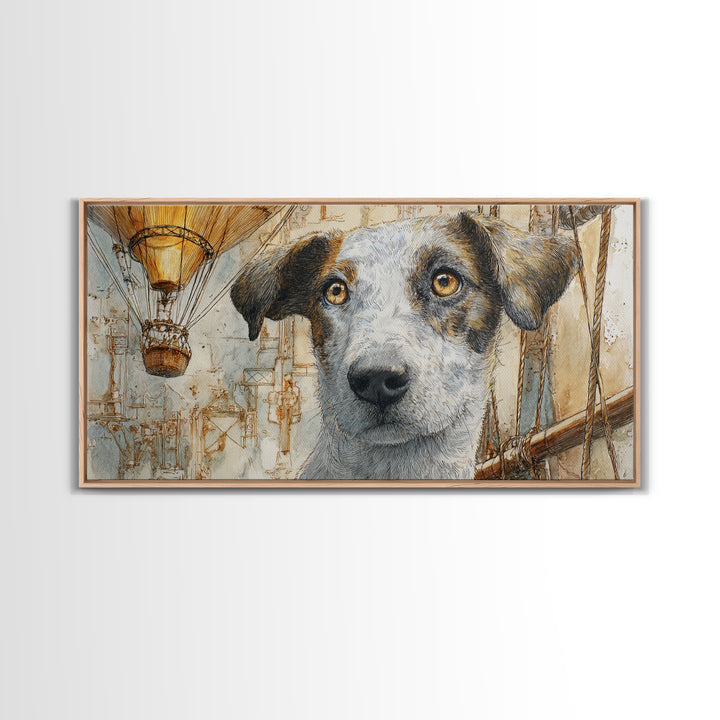 Dog in a Hot Air Balloon Canvas Print, Whimsical Art, Digital Art, Living Room Decor, Wonder, Nursery, Abstract Wall Art, WHI-2x1-82