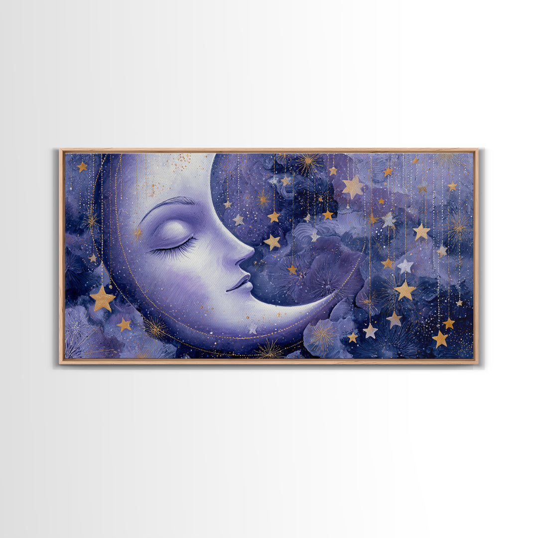 Moon with Sleeping Face and Dangling Stars Framed Canvas Print, Whimsical Art, Living Room Decor, Wonder, Gallery Decor, WHI-2x1-84