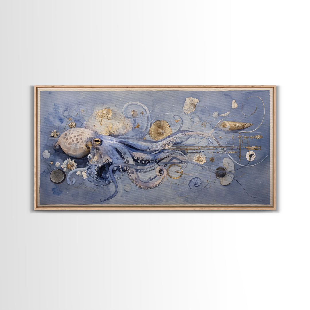 Octopus Conductor with Tiny Instruments Framed Canvas Print, Whimsical Art, Pet Portrait, Living Room Decor, Fine Art, Wonder, WHI-2x1-86
