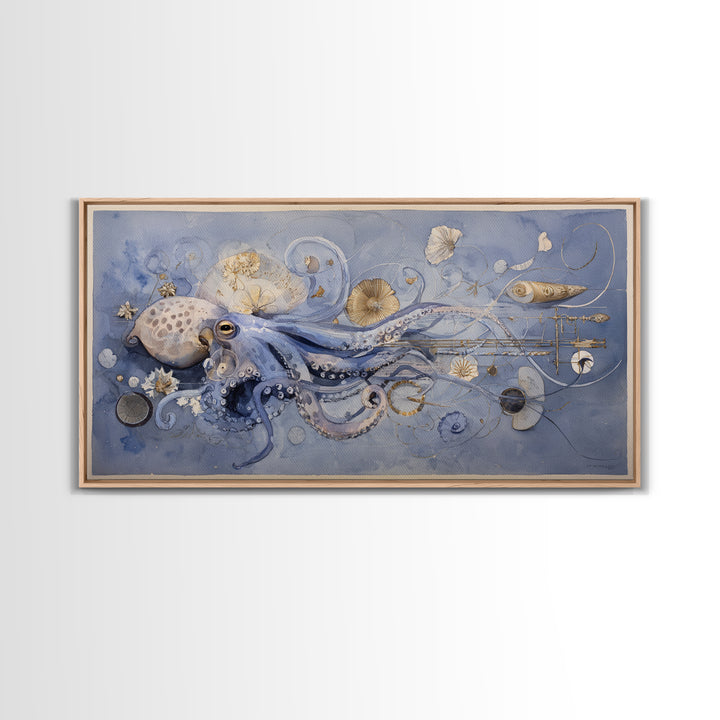 Octopus Conductor with Tiny Instruments Framed Canvas Print, Whimsical Art, Pet Portrait, Living Room Decor, Fine Art, Wonder, WHI-2x1-86