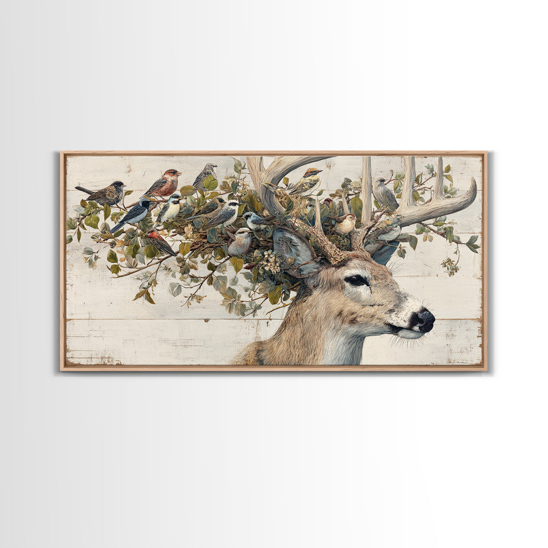 Deer with Antlers Full of Birds Framed Canvas Print, Whimsical Art, Nursery Wall Decor, Living Room Decor, Fine Art, Wonder, WHI-2x1-87