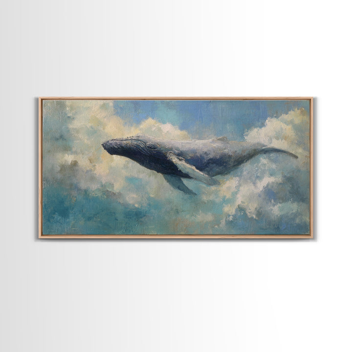 Whale Flying Through Clouds Like Ocean Framed Canvas Print, Whimsical Art, Art Print, Living Room Decor, Fine Art, Wonder, WHI-2x1-9