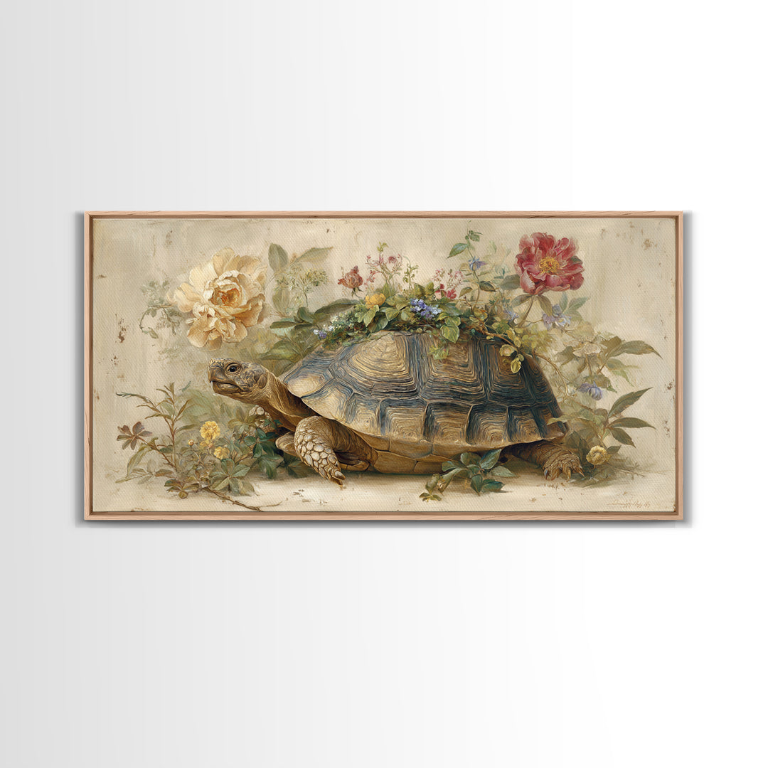 Turtle with Garden Growing on Shell Framed Canvas Print, Whimsical Art, Printable Wall Art, Living Room Decor, Fine Art, Wonder, WHI-2x1-90