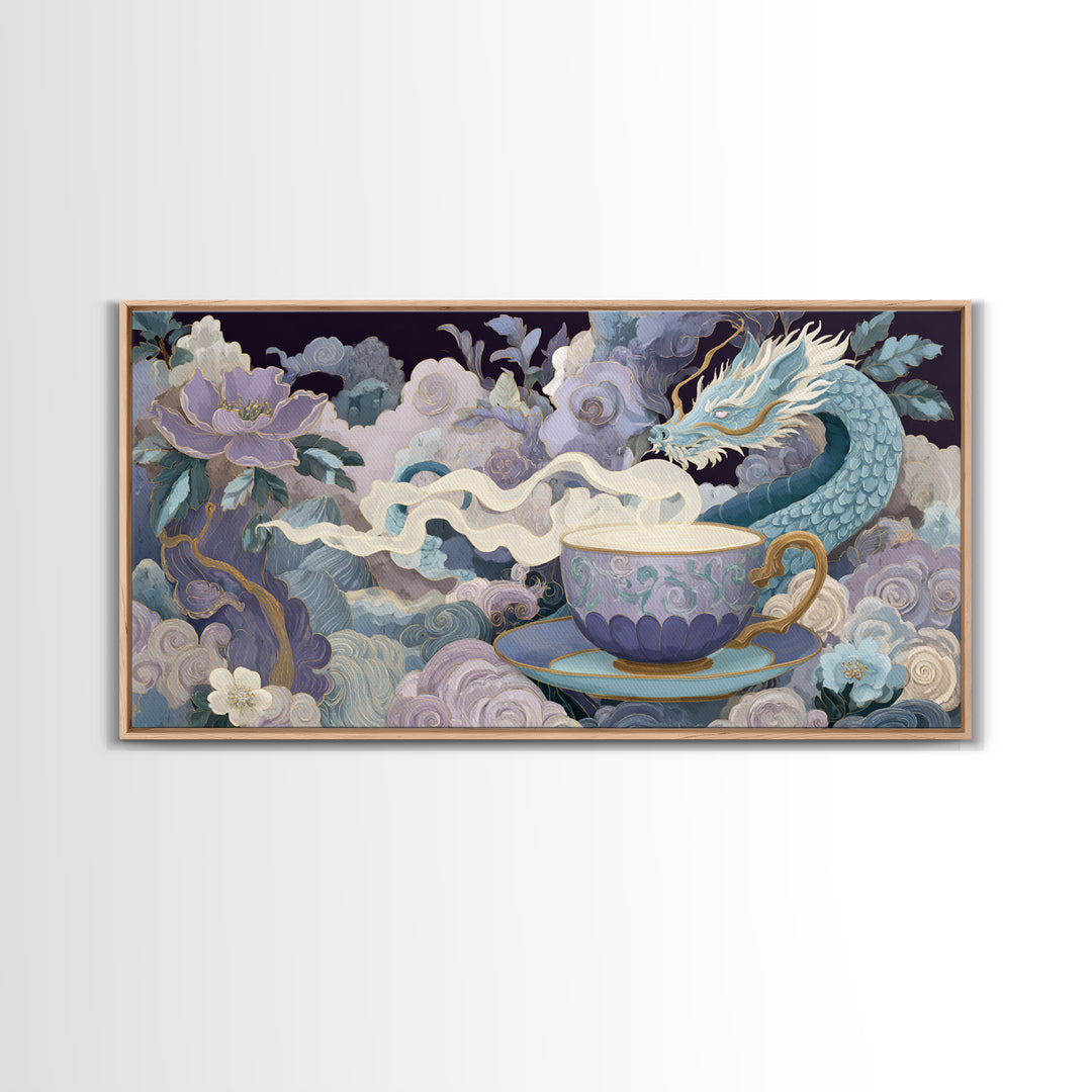 Dragon Curled Around a Teacup Framed Canvas Print, Whimsical Art, Whimsical, Living Room Decor, Oil Painting, Wonder, WHI-2x1-92