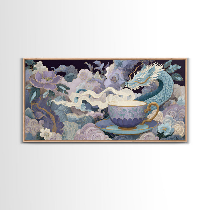 Dragon Curled Around a Teacup Framed Canvas Print, Whimsical Art, Whimsical, Living Room Decor, Oil Painting, Wonder, WHI-2x1-92