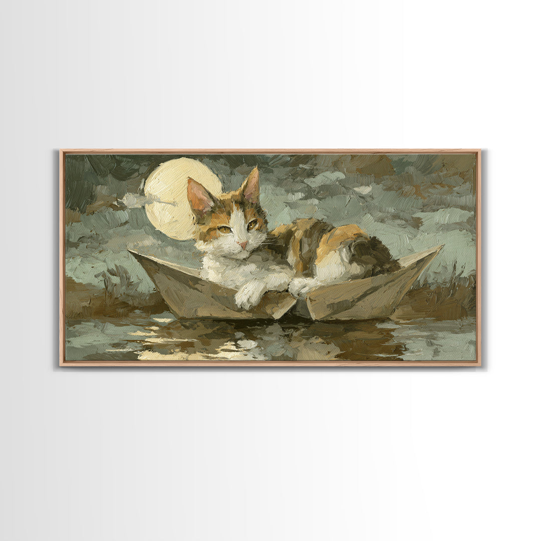 Cat Sailing a Paper Boat Canvas Print, Whimsical Art, Oil Painting, Living Room Decor, Fine Art, Wonder, Dark Academia Decor, WHI-2x1-94