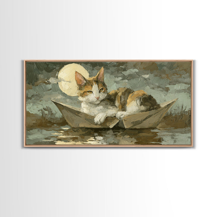 Cat Sailing a Paper Boat Canvas Print, Whimsical Art, Oil Painting, Living Room Decor, Fine Art, Wonder, Dark Academia Decor, WHI-2x1-94