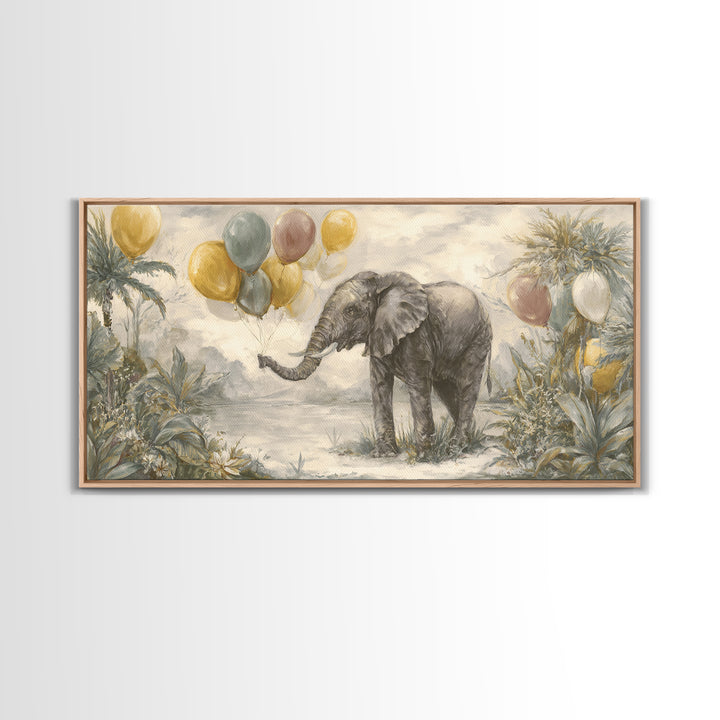 Elephant Holding Balloons Framed Canvas Print, Whimsical Art, Neutral Decor, Living Room Decor, Fine Art, Wonder, Home Decor, WHI-2x1-95
