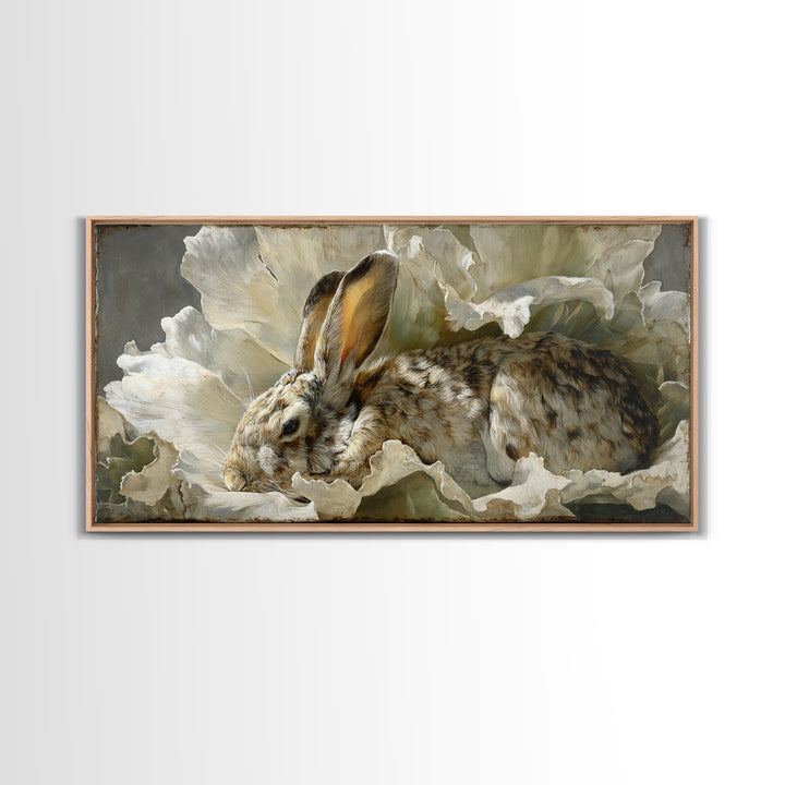 Rabbit Reading Beneath a Giant Flower Framed Canvas Print, Whimsical Art, Abstract Wall Art, Living Room Decor, Watercolor Art, WHI-2x1-97