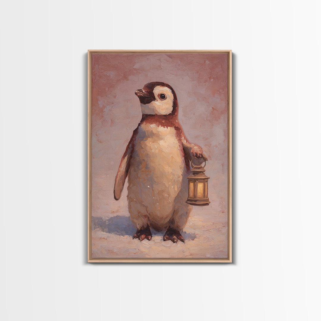 Penguin Holding a Lantern Framed Canvas Print, Whimsical Art, Oil Painting, Living Room Decor, Wonder, Dark Academia Decor, WHI-2x3-1