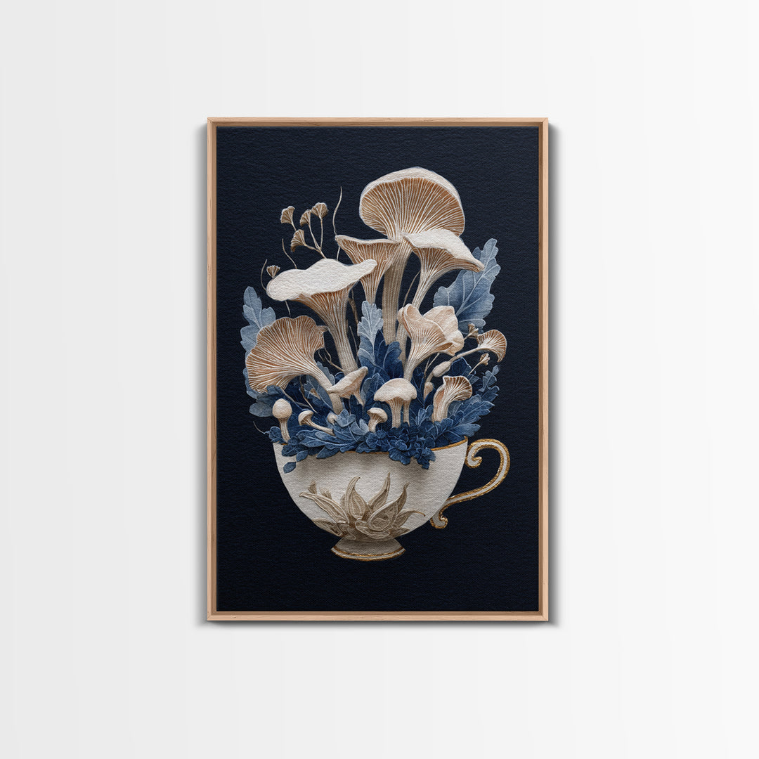 Teacup Garden with Tiny Mushrooms Framed Canvas Print, Whimsical Art, Printable Wall Art, Living Room Decor, Fine Art, Wonder, WHI-2x3-12