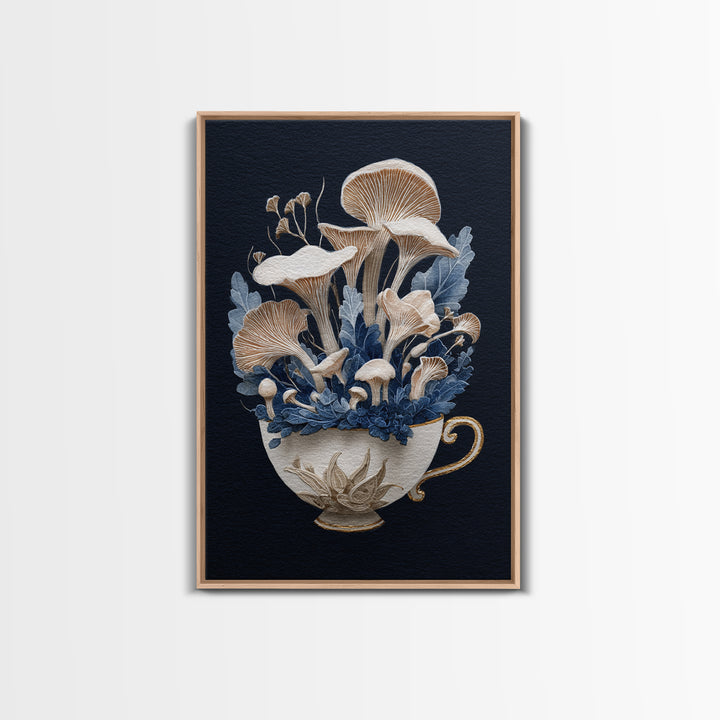 Teacup Garden with Tiny Mushrooms Framed Canvas Print, Whimsical Art, Printable Wall Art, Living Room Decor, Fine Art, Wonder, WHI-2x3-12