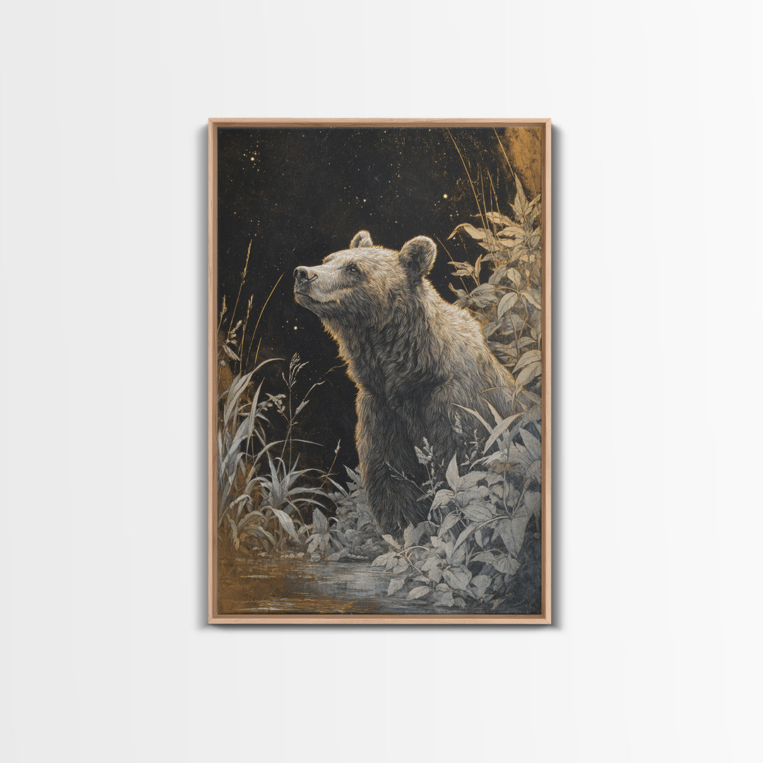Bear Painting Stars Onto the Night Sky Framed Canvas Print, Whimsical Art, Art Nouveau, Living Room Decor, Abstract Art, Wonder, WHI-2x3-17