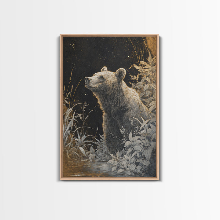Bear Painting Stars Onto the Night Sky Framed Canvas Print, Whimsical Art, Art Nouveau, Living Room Decor, Abstract Art, Wonder, WHI-2x3-17