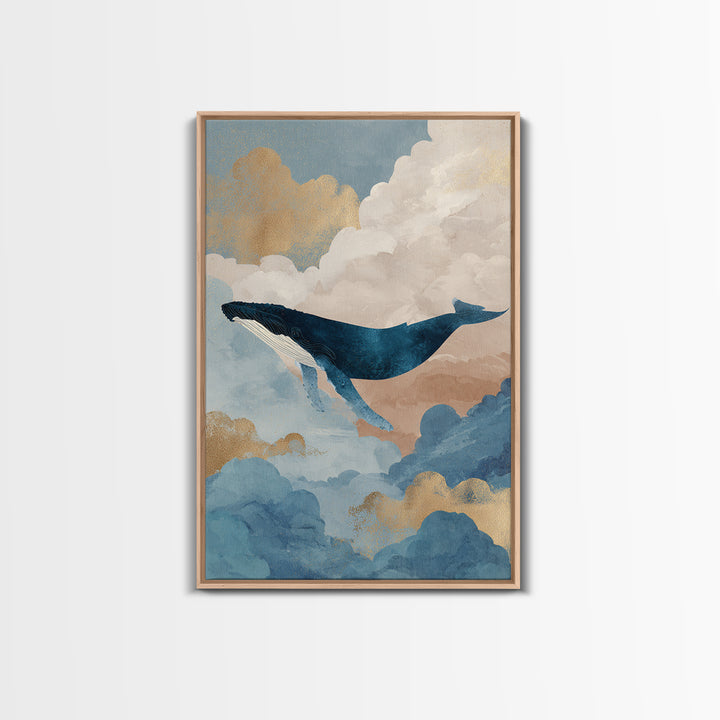 Whale Flying Through Clouds Like Ocean Framed Canvas Print, Whimsical Art, Printable Wall Art, Living Room Decor, Wonder, WHI-2x3-21