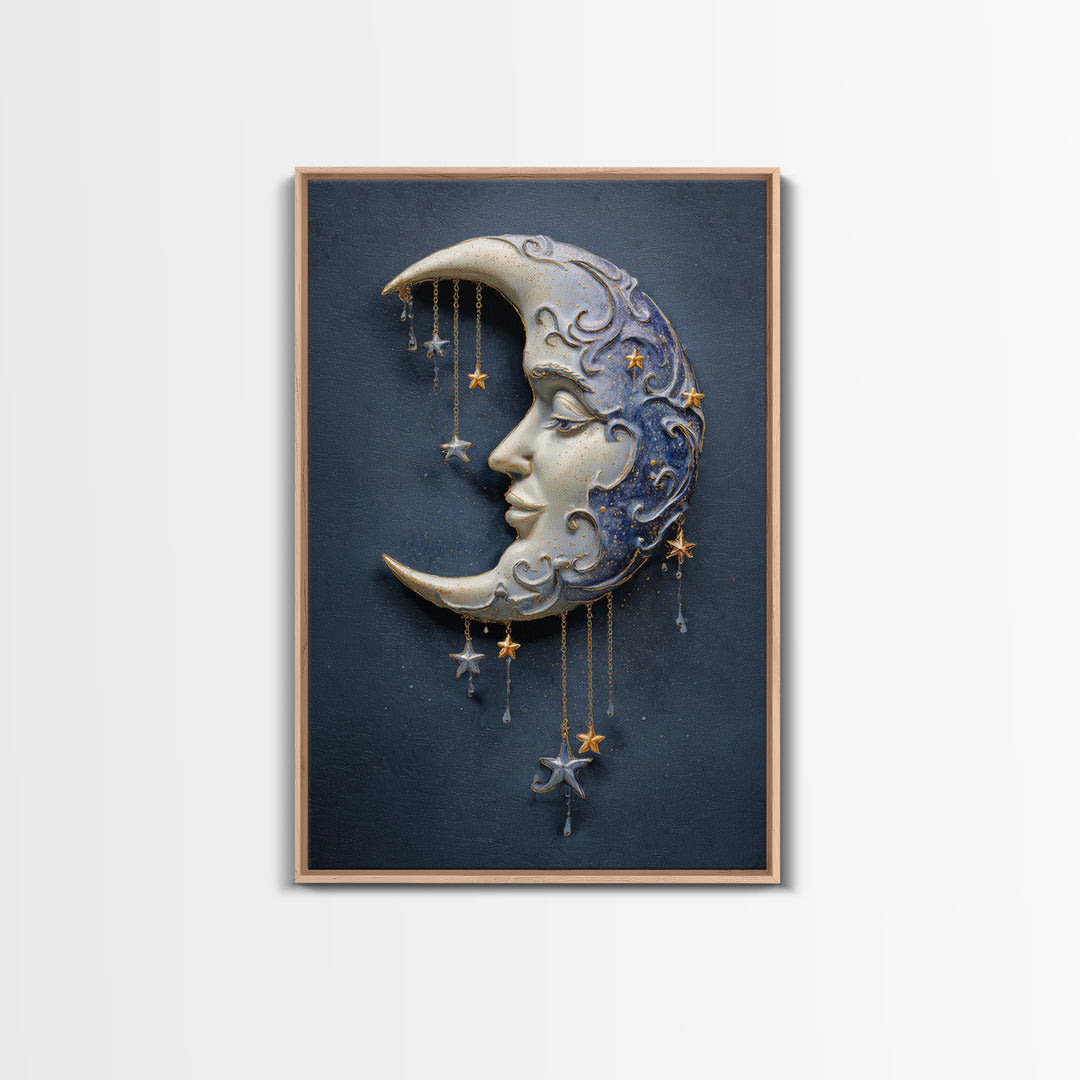 Moon with Sleeping Face and Dangling Stars Framed Canvas Print, Whimsical Art, Modern Decor, Living Room Decor, Wonder, WHI-2x3-24