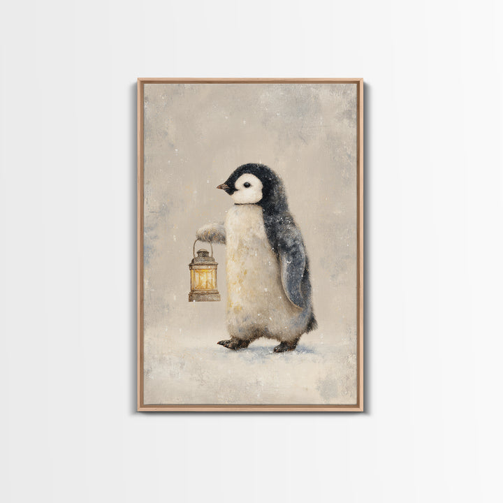 Penguin Holding a Lantern Framed Canvas Print, Whimsical Art, Oil Painting, Living Room Decor, Wonder, Dark Academia Decor, WHI-2x3-25